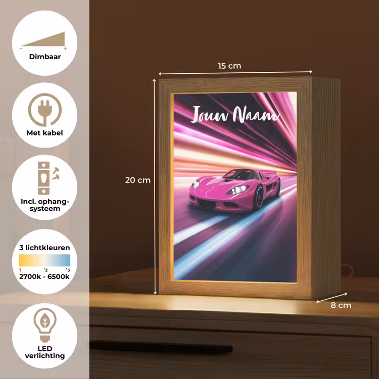 Raceauto - Roze - Neon Light Box met kabel (Kinderlampje) klein -USP_NL