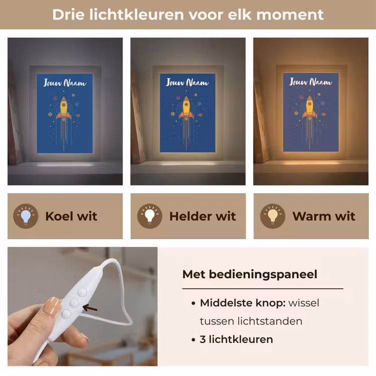 Raket - Blauw - Sterren Light Box met kabel (Kinderlampje) klein -USP_lichtkleurNL
