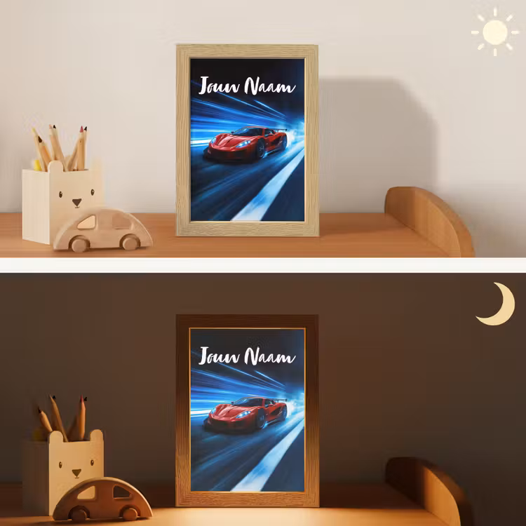 Rode raceauto - Blauw - Futuristisch Light Box met kabel (Kinderlampje) klein -sfeer3_kind