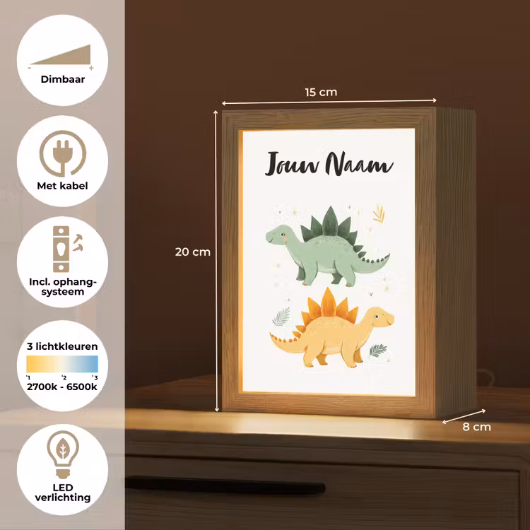 Stegosaurus - Sterren - Bladeren - Minimalistisch Light Box met kabel (Kinderlampje) klein -USP_NL