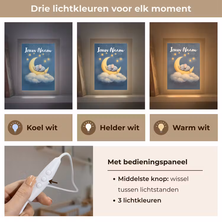 Sterren - Olifant - Maan - Wolken Light Box met kabel (Kinderlampje) klein -USP_lichtkleurNL