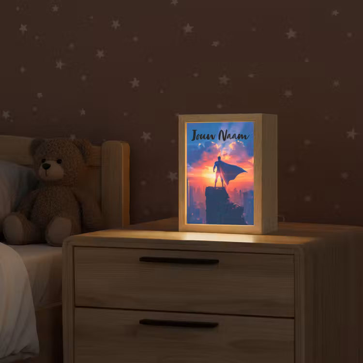 Superheld - Stad - Jongens - Kleurrijk - Zon Light Box met kabel (Kinderlampje) klein -sfeer1_kind