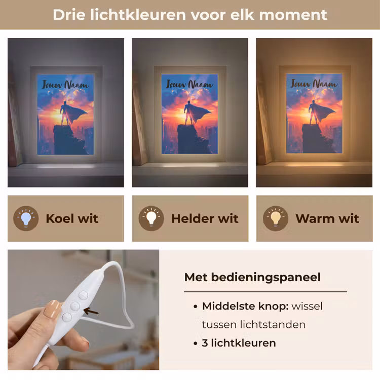 Superheld - Stad - Jongens - Kleurrijk - Zon Light Box met kabel (Kinderlampje) klein -USP_lichtkleurNL