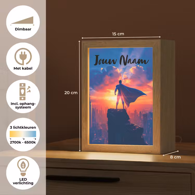 Superheld - Stad - Jongens - Kleurrijk - Zon Light Box met kabel (Kinderlampje) klein -USP_NL