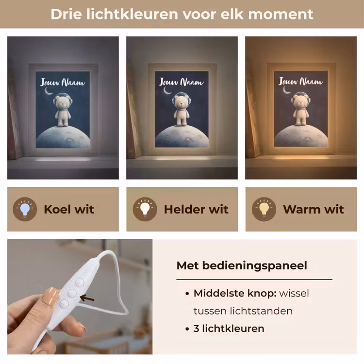 Teddybeer - Ruimtehelm - Maan - Sterren Light Box met kabel (Kinderlampje) klein -USP_lichtkleurNL