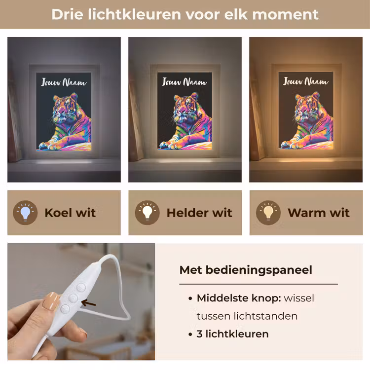 Tijger - Kleurrijk - Dieren - Zwart - Neon Light Box met kabel (Kinderlampje) klein -USP_lichtkleurNL