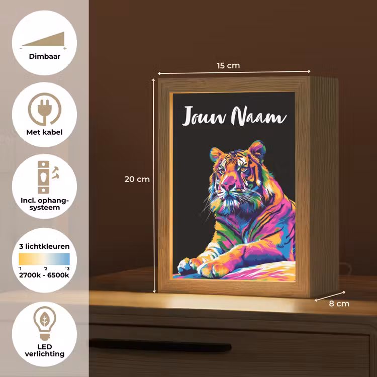 Tijger - Kleurrijk - Dieren - Zwart - Neon Light Box met kabel (Kinderlampje) klein -USP_NL