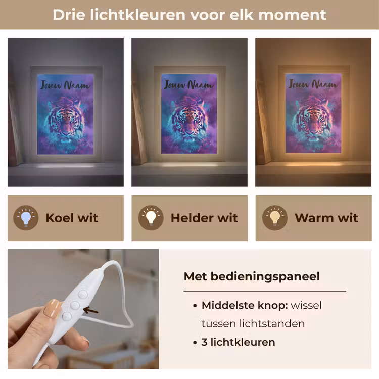 Tijger - Kleurrijk - Rook - Dieren Light Box met kabel (Kinderlampje) klein -USP_lichtkleurNL