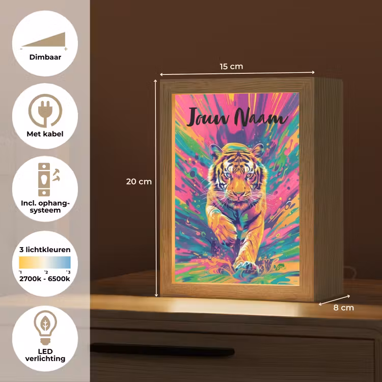 Tijger  - Wilde dieren - Kleurrijk - Verflook Light Box met kabel (Kinderlampje) klein -USP_NL