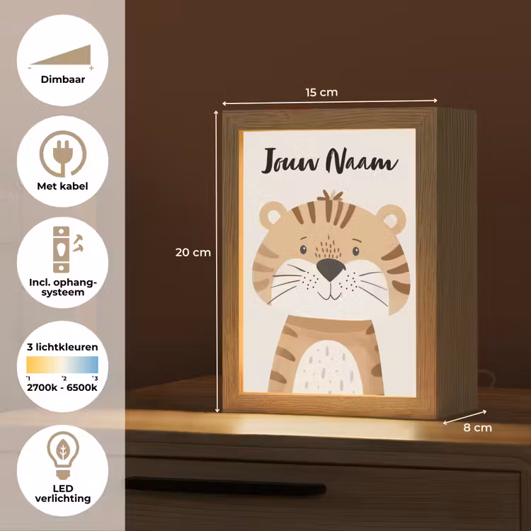 Tijger - Wilde dieren - Pastel Light Box met kabel (Kinderlampje) klein -USP_NL