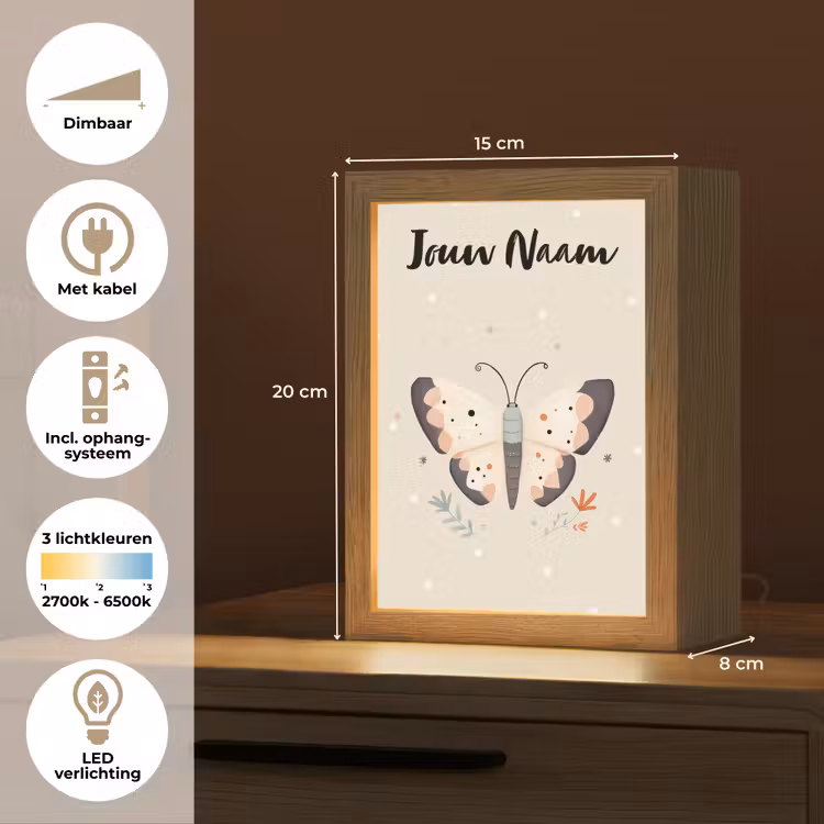 Vlinder - Stippen - Bloemen - Beige Light Box met kabel (Kinderlampje) klein -USP_NL