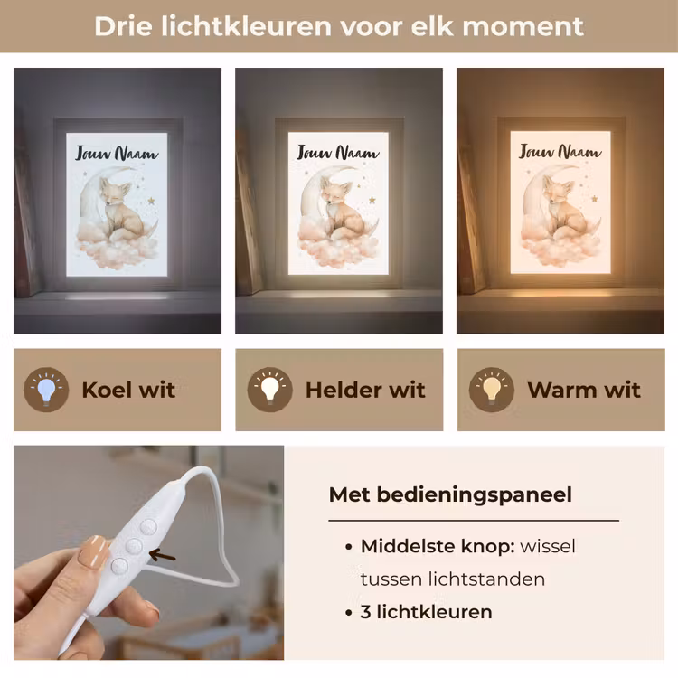 Vos - Wolken - Maan - Sterren Light Box met kabel (Kinderlampje) klein -USP_lichtkleurNL