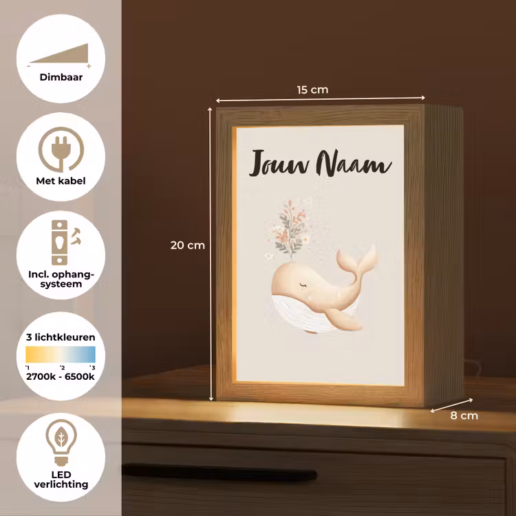 Walvis - Illustratie - Minimalistisch - Bloemen Light Box met kabel (Kinderlampje) klein -USP_NL