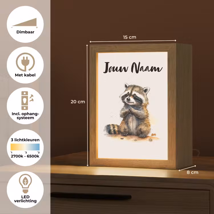 Wasbeer - Waterverf - Kleuren - Dieren - Kids Light Box met kabel (Kinderlampje) klein -USP_NL