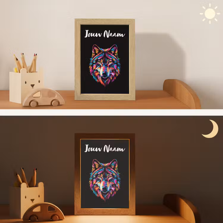 Wolf - Kleurrijk - Zwart - Dieren - Neon Light Box met kabel (Kinderlampje) klein -sfeer3_kind