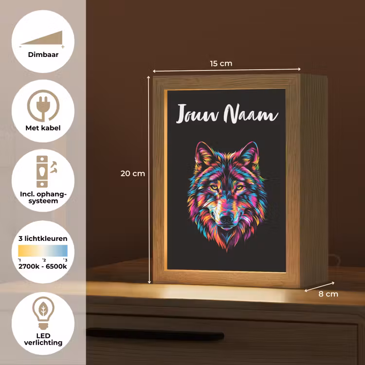 Wolf - Kleurrijk - Zwart - Dieren - Neon Light Box met kabel (Kinderlampje) klein -USP_NL