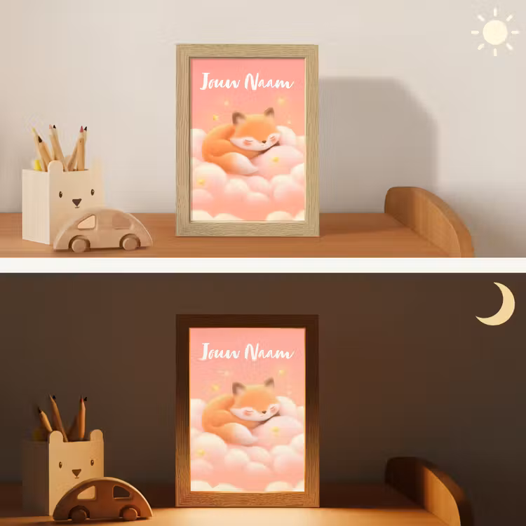 Wolken - Vos - Oranje - Sterren Light Box met kabel (Kinderlampje) klein -sfeer3_kind