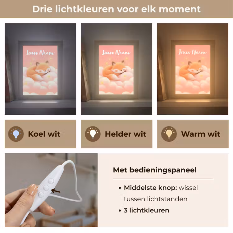 Wolken - Vos - Oranje - Sterren Light Box met kabel (Kinderlampje) klein -USP_lichtkleurNL