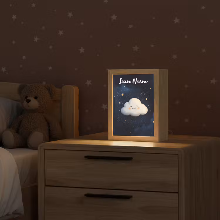 Wolkje - Gezichtje - Sterren - Donkerblauw Light Box met kabel (Kinderlampje) klein -sfeer1_kind
