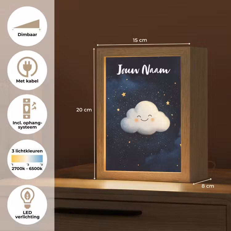 Wolkje - Gezichtje - Sterren - Donkerblauw Light Box met kabel (Kinderlampje) klein -USP_NL