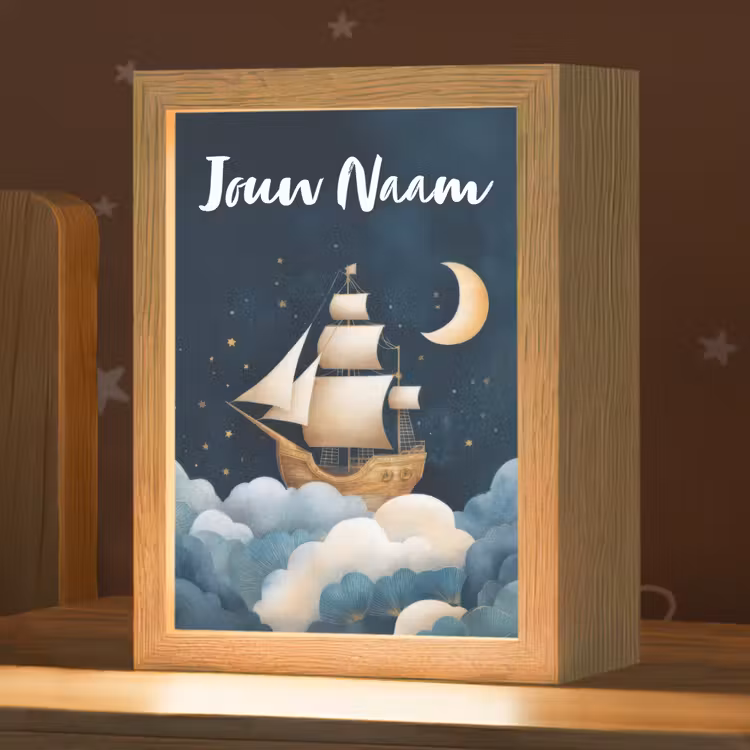 Zeilschip - Sterrenhemel - Wolken - Blauw Light Box met kabel (Kinderlampje) klein -zzz_3d_website