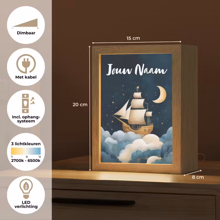 Zeilschip - Sterrenhemel - Wolken - Blauw Light Box met kabel (Kinderlampje) klein -USP_NL