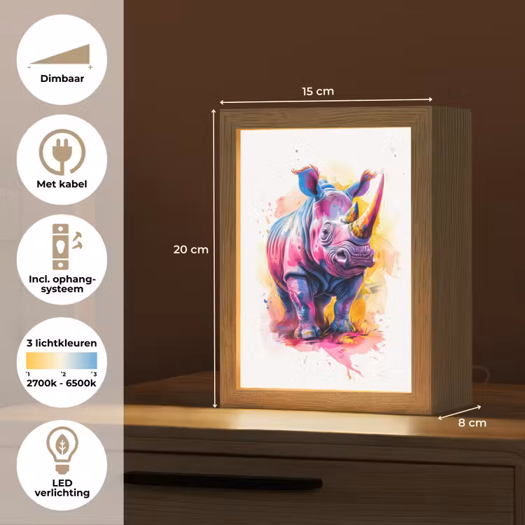 Neushoorn - Kleurrijk - Verf - Dieren Light Box met kabel klein -USP_NL