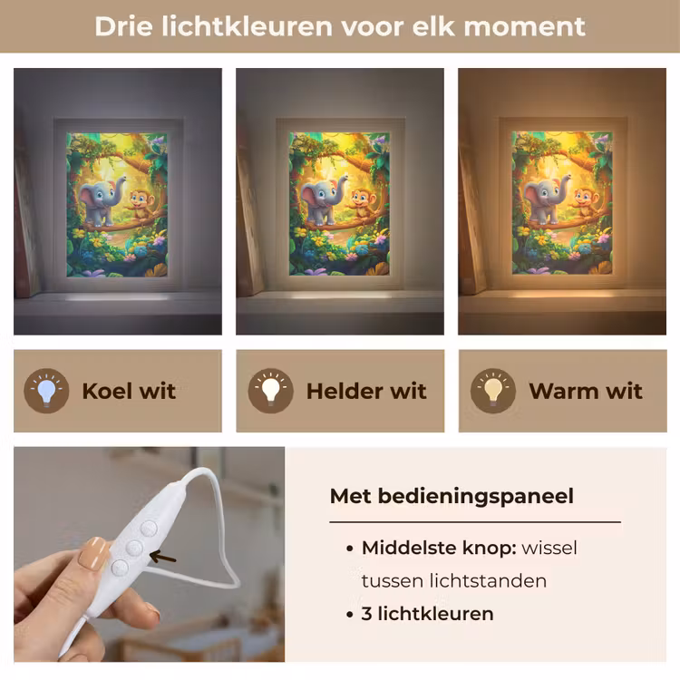 Olifant - Appje - Jungle - Kleurrijk Light Box met kabel klein -USP_lichtkleurNL