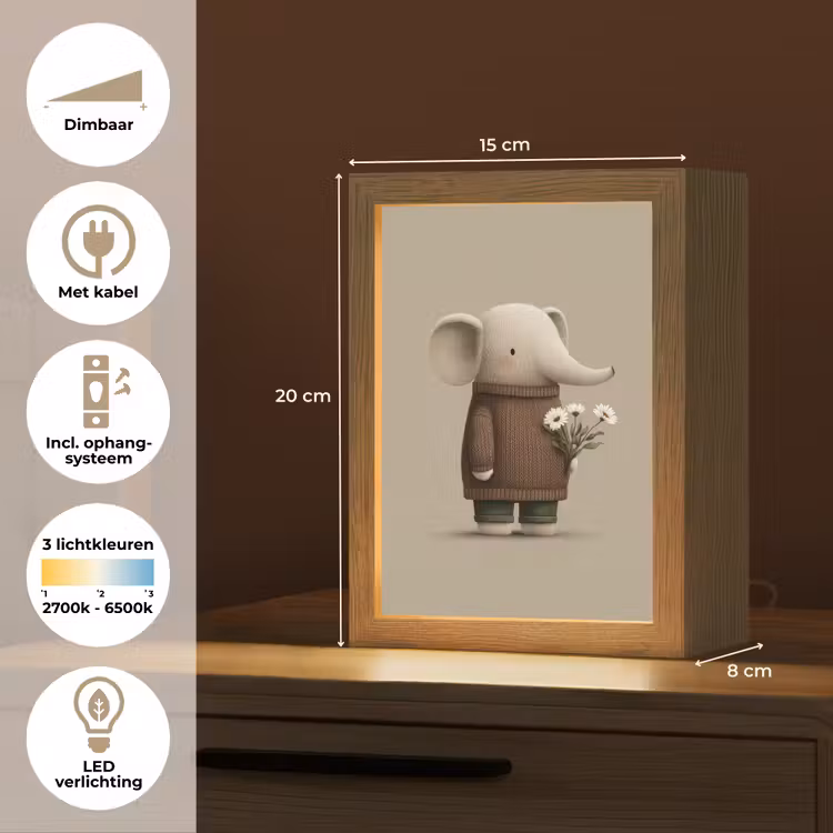 Olifant - Witte bloemen - Kindvriendelijk Light Box met kabel klein -USP_NL