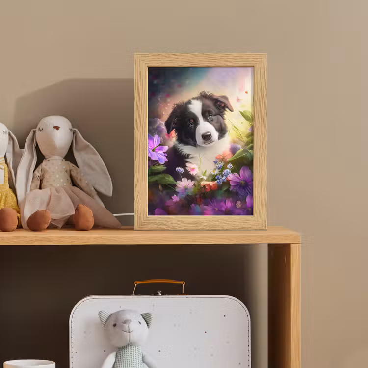 Puppy - Zon - Bloemen - Natuur - Bordercollie - Hond Light Box met kabel klein -sfeer2_kind