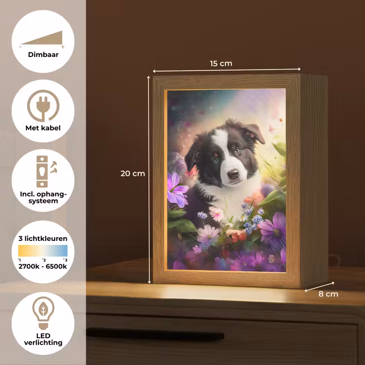 Puppy - Zon - Bloemen - Natuur - Bordercollie - Hond Light Box met kabel klein -USP_NL