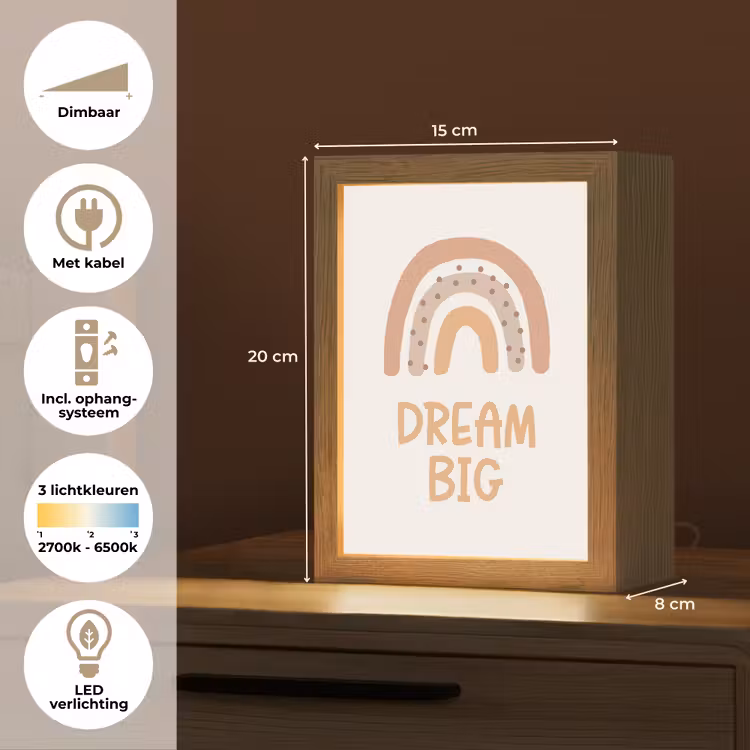 Regenboog - Quote - Dream Big - Pastel kleuren Light Box met kabel klein -USP_NL