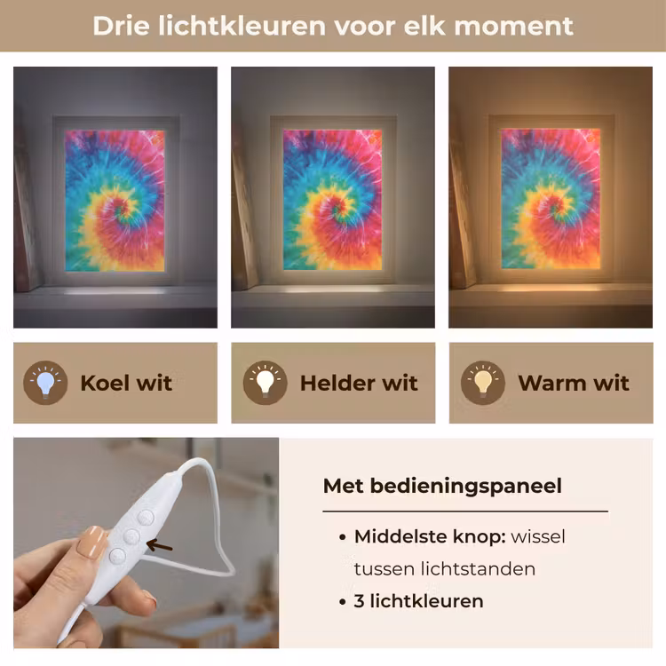 Regenboog - Tie dye - Kleurrijk - Blauw Light Box met kabel klein -USP_lichtkleurNL
