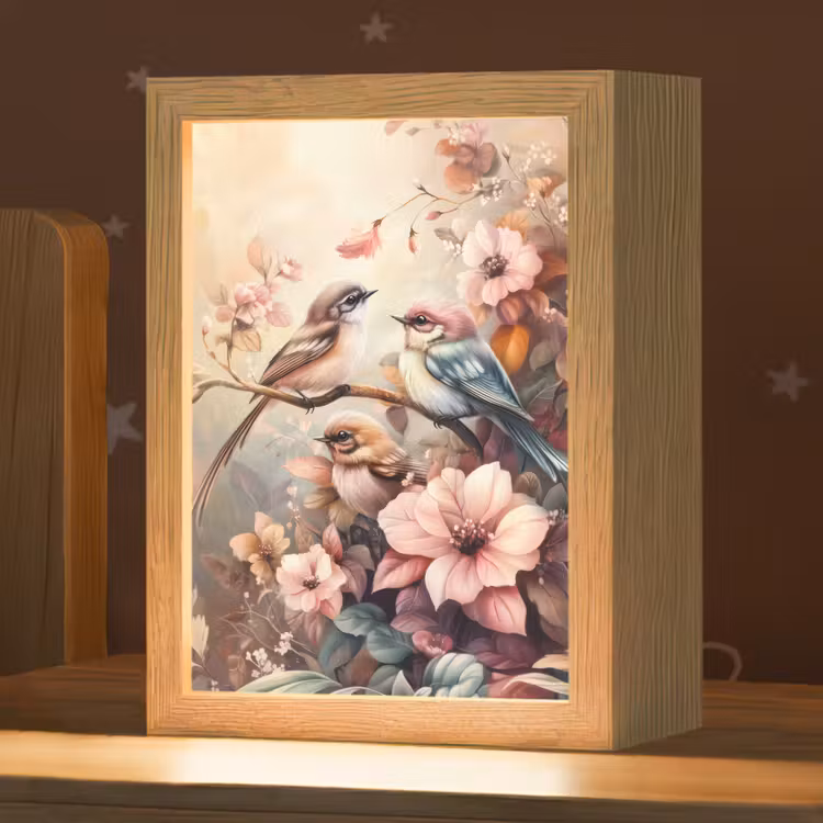 Vogels - Bloemen - Roze - Pastel Light Box met kabel klein -zzz_3d_website