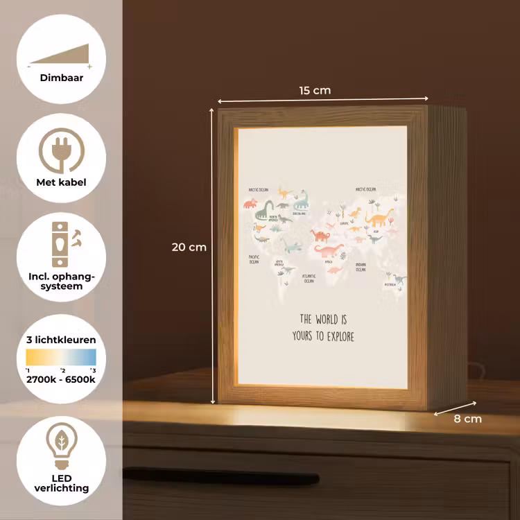 Wereldkaart - Kinderen - Jongens - Dino - Quote Light Box met kabel klein -USP_NL