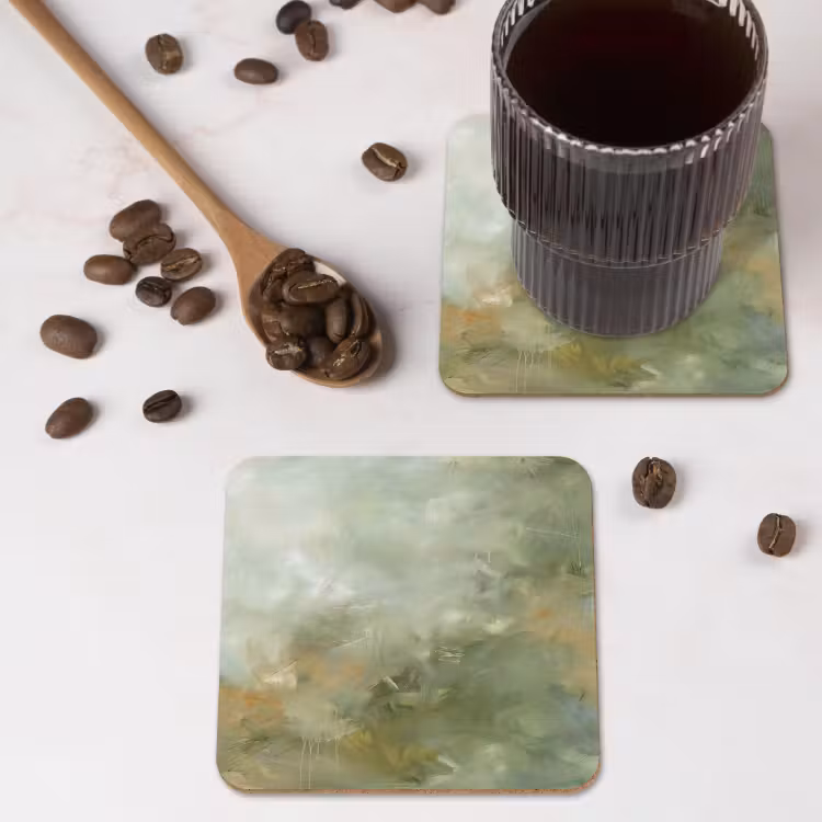 Abstract - Groen - Beige - Modern - Kunst onderzetter kurk middel -sfeer2