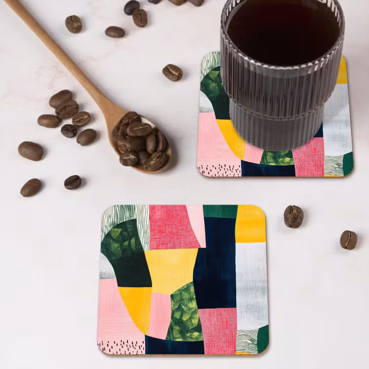 Abstract - Roze - Lappen - Vormen - Geel onderzetter kurk middel -sfeer2