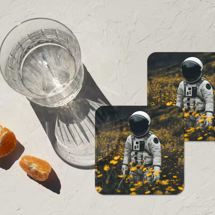 Astronaut - Bloemen - Veld - Geel onderzetter kurk middel -sfeer4