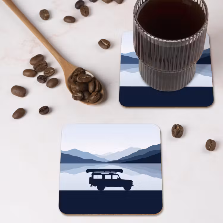 Auto - Meer - Bergen - Blauw onderzetter kurk middel -sfeer2