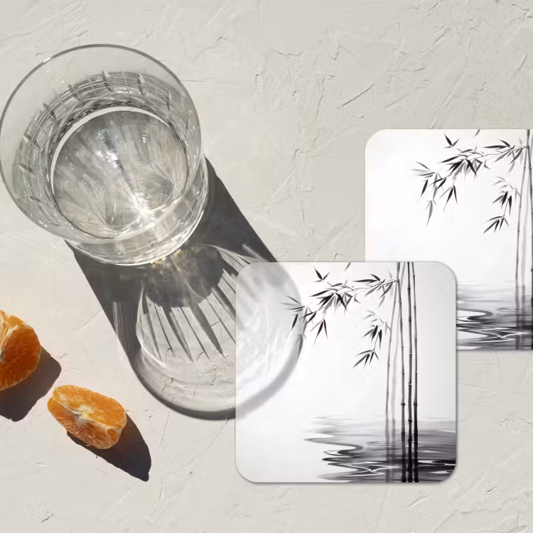 Bamboestammen - Water - Minimalistisch - Wit onderzetter kurk middel -sfeer4