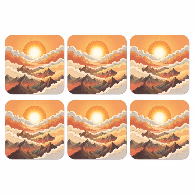 Bergen - Wolken - Natuur - Zonsopgang - Oranje onderzetter kurk middel -3d