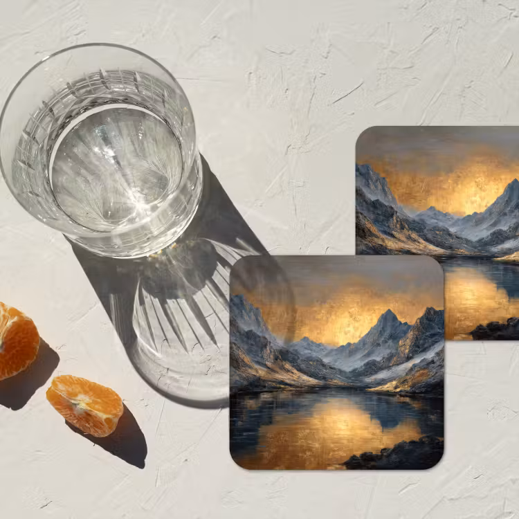 Berglandschap met Gouden Zonsondergang onderzetter kurk middel -sfeer4