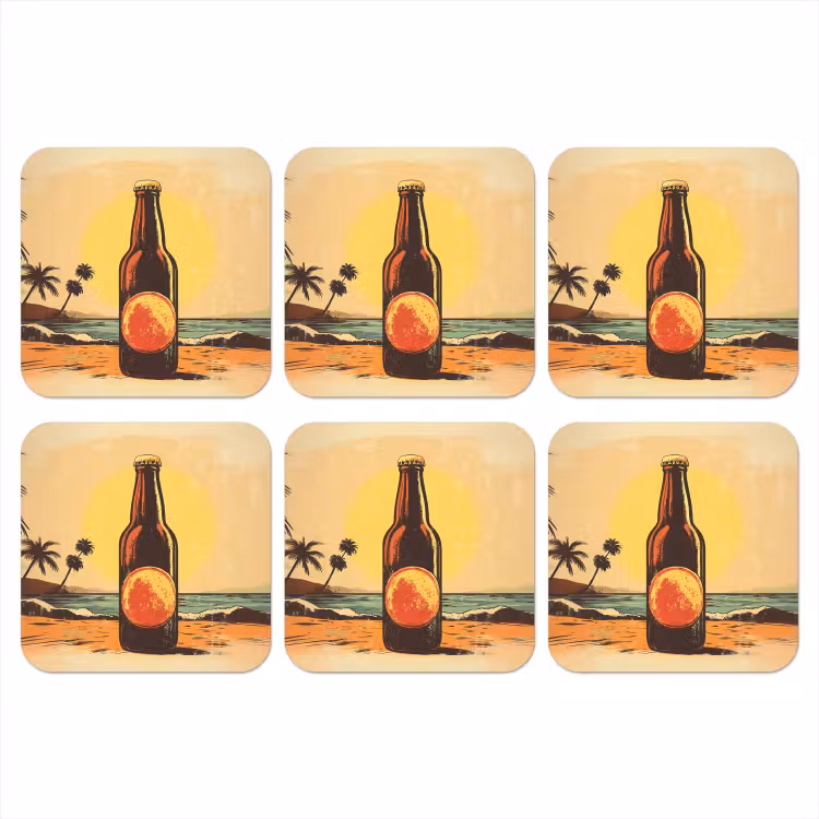 Bierfles - Zonsondergang - Palmbomen - Zee onderzetter kurk middel -3d