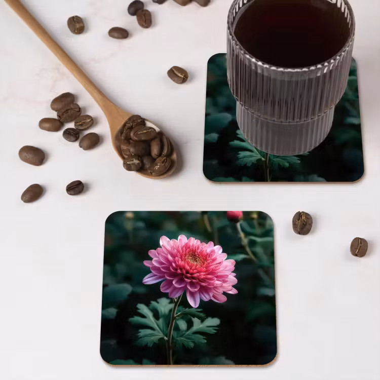 Blad - Chrysant - Roze - Schaduw onderzetter kurk middel -sfeer2