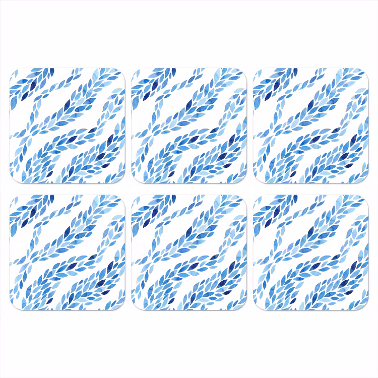 Bladeren - Aquarel - Patroon - Modern - Blauw onderzetter kurk middel -3d
