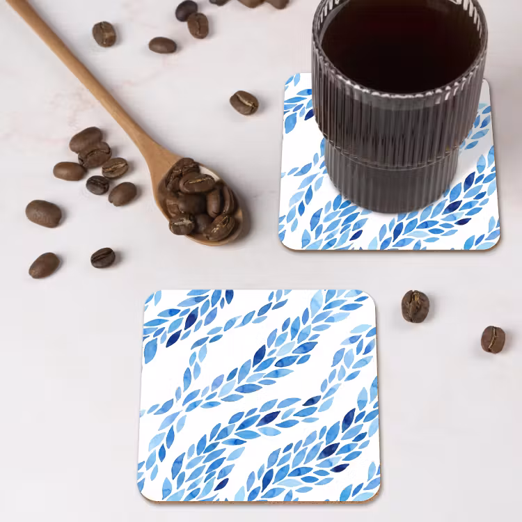 Bladeren - Aquarel - Patroon - Modern - Blauw onderzetter kurk middel -sfeer2