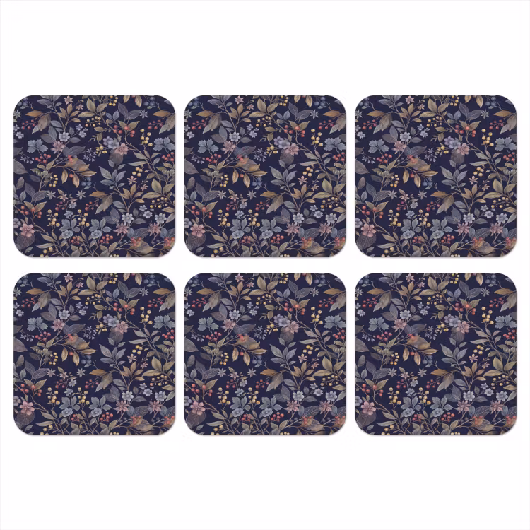 Bloemen - Bladeren - Patroon - Botanisch - Donkerblauw onderzetter kurk middel -3d