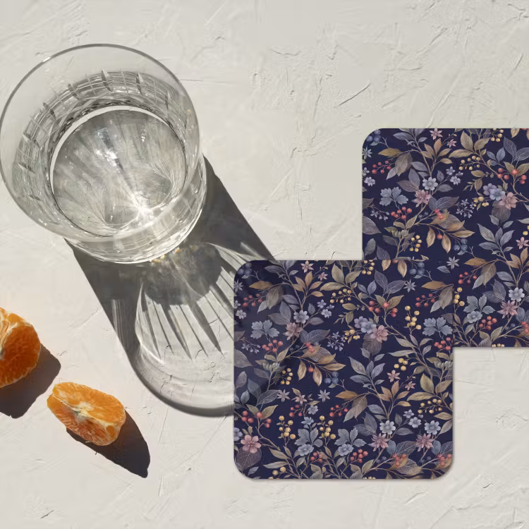 Bloemen - Bladeren - Patroon - Botanisch - Donkerblauw onderzetter kurk middel -sfeer4