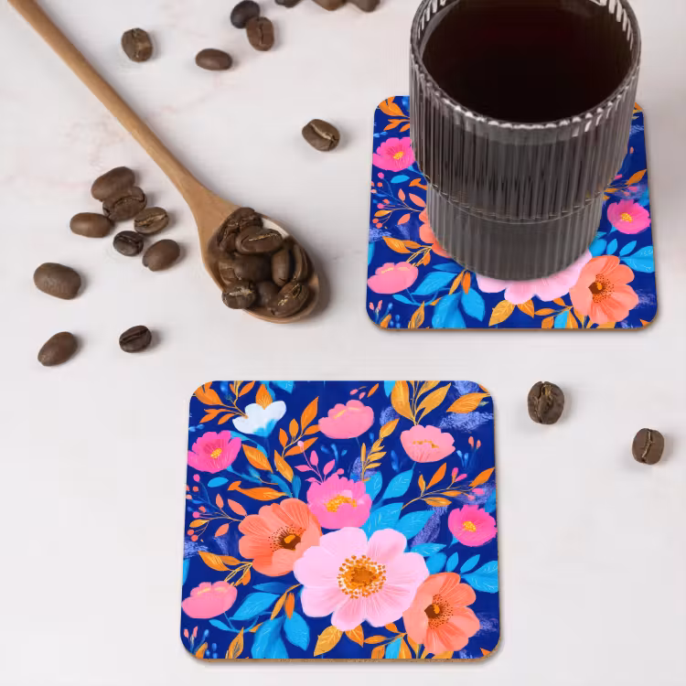 Bloemen - Blauw - Roze onderzetter kurk middel -sfeer2