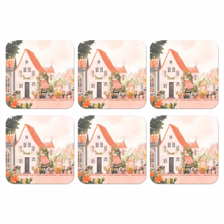 Bloemen - Huizen - Dorp onderzetter kurk middel -3d
